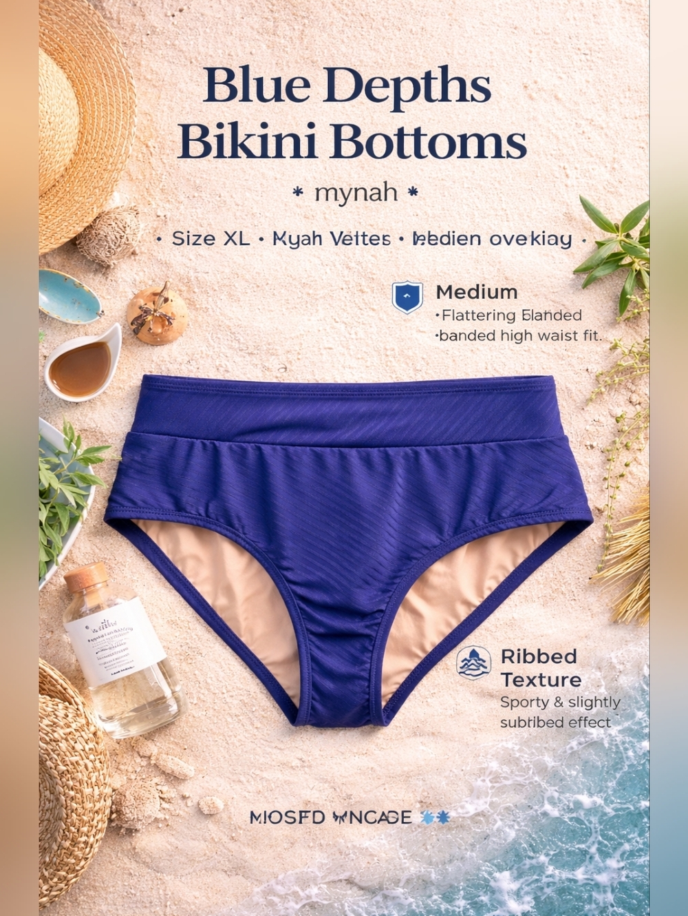 High-Waist Bikini Bottoms | Mynah | Ribbed Texture | XL | Medium Coverage